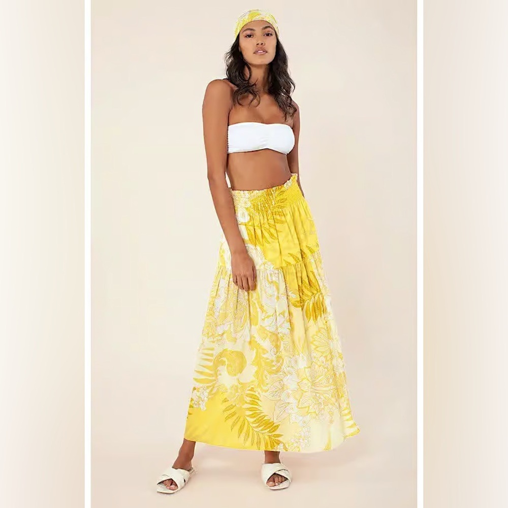 NWT HALE BOB Piera Yellow Tropical Floral Maxi Skirt Sz L Summer Beach Resort
